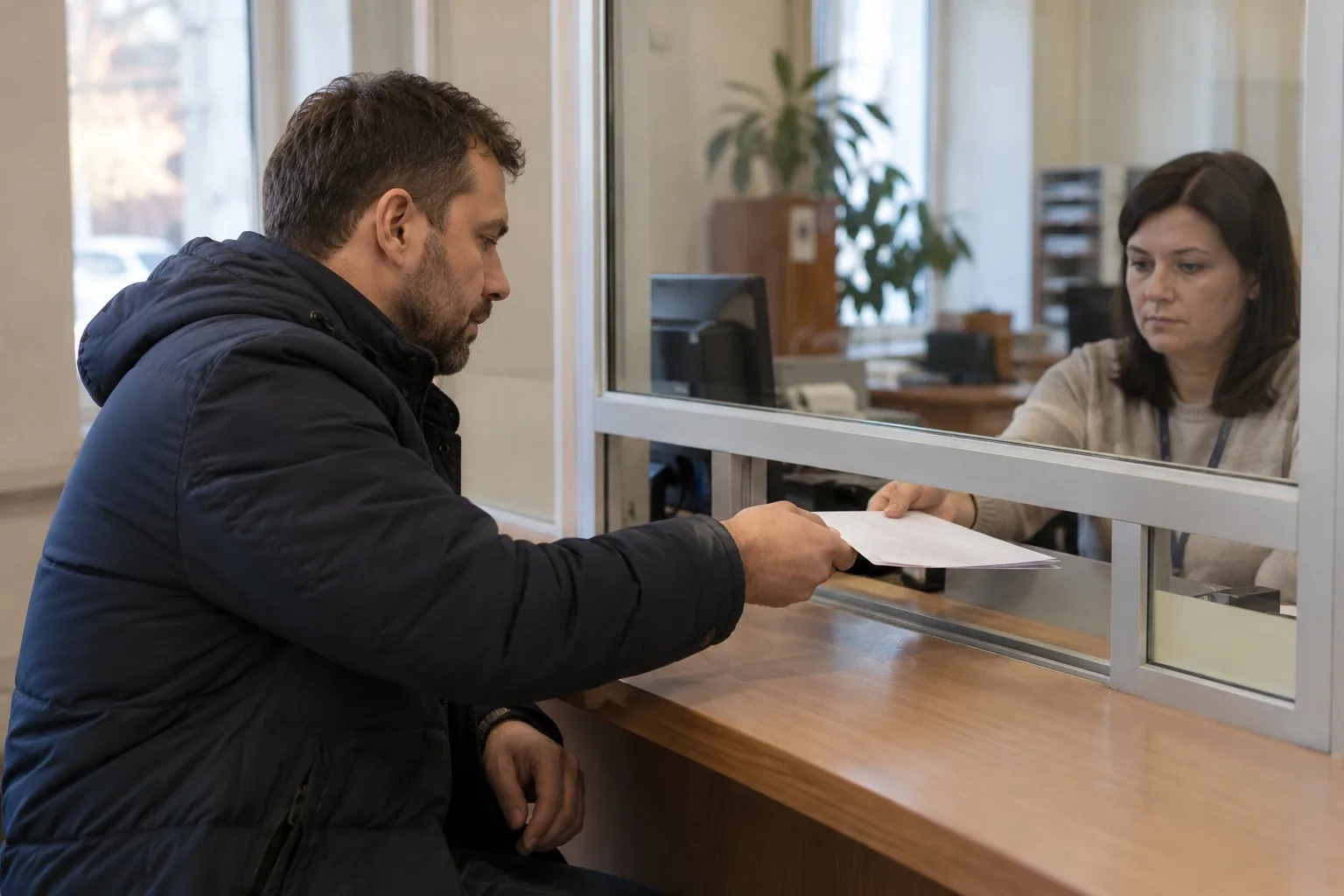 Мужчина подаёт заявление у окна приёма в офисе страховой