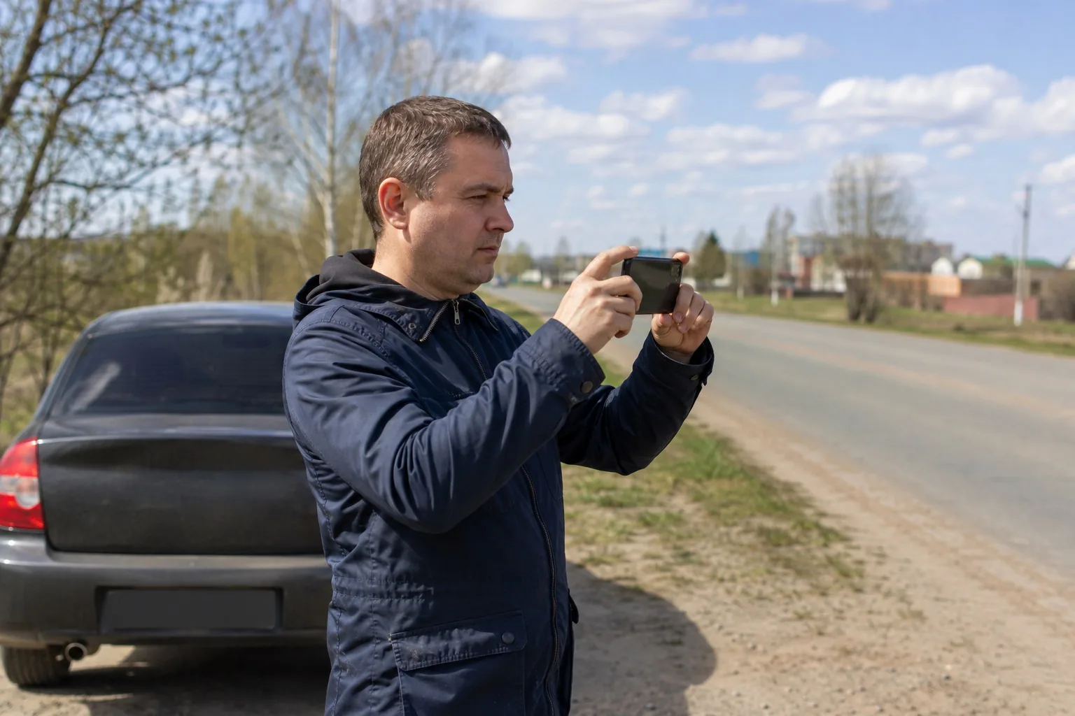 Водитель у обочины загородной дороги снимает дорогу на телефон