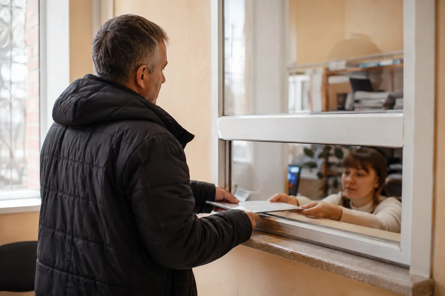 Мужчина у окна приёма документов в государственном учреждении ждёт сотрудника