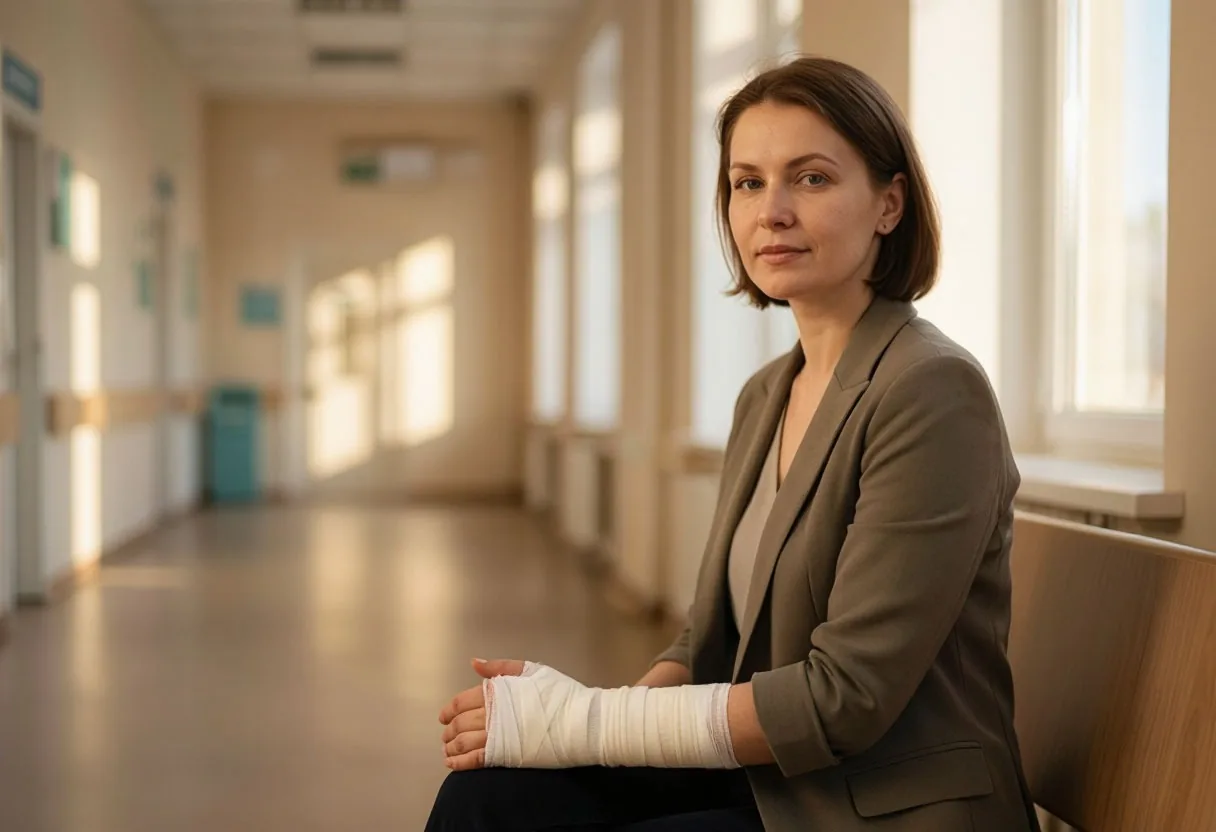 Женщина с рукой на перевязи ждёт приёма в коридоре поликлиники