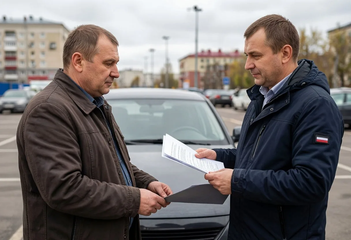 Покупатель и продавец обсуждают документы на автомобиль